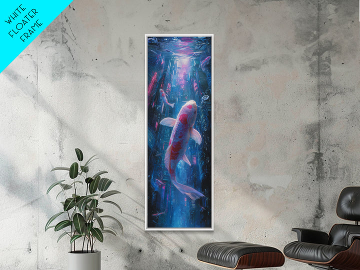 Cyberpunk Koi Swimming Through Electric Blue Water Canvas Print, Cyberpunk Art, Art Print, Living Room Decor, Fine Art, Neon, CYB-1x3-65