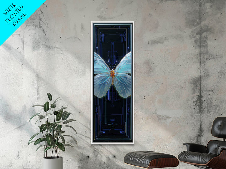 Holographic Butterfly over Black Metal Surface Canvas Print, Cyberpunk Art, Gothic Decor, Living Room Decor, Oil Painting, Neon, CYB-1x3-7