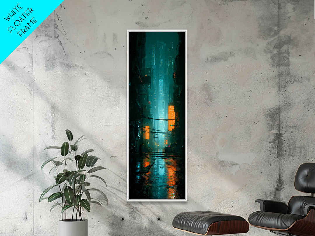 Retro Arcade Dystopia Framed Canvas Print, Cyberpunk Art, Modern Decor, Living Room Decor, Fine Art, Neon, Poster, Wall Decor, CYB-1x3-70
