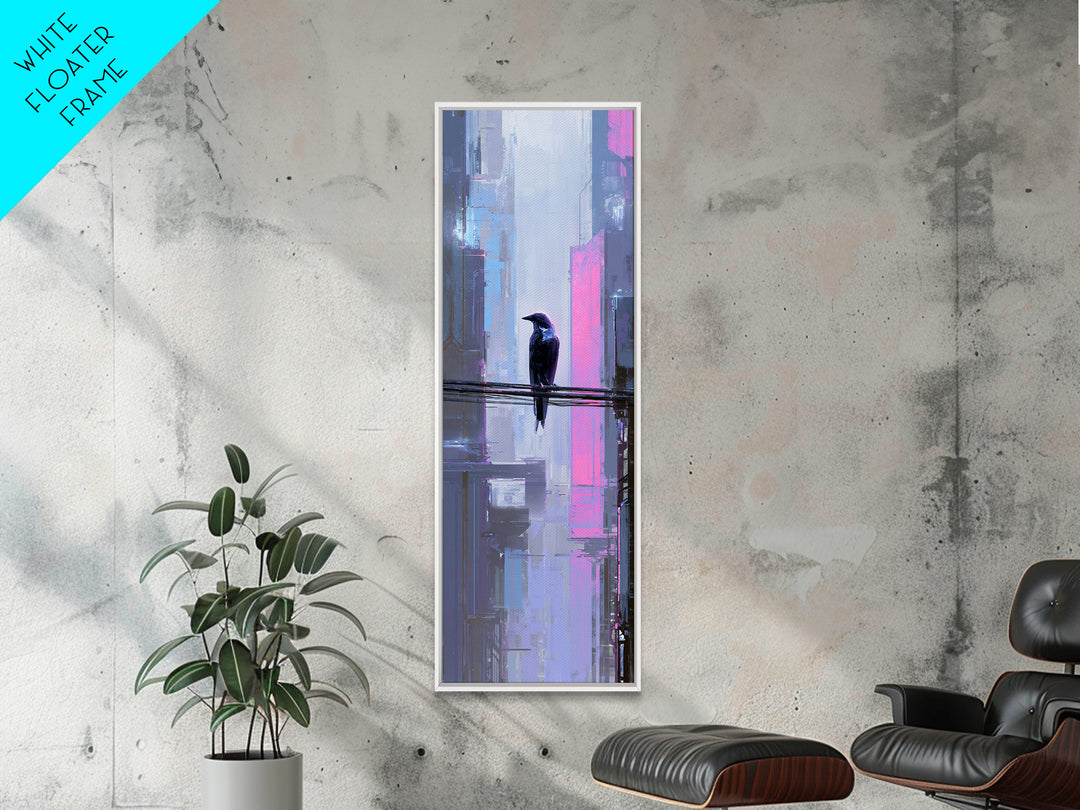 Cybernetic Raven Perched on a Cable Framed Canvas Print, Cyberpunk Art, Gallery Decor, Living Room Decor, Fine Art, Neon, CYB-1x3-71