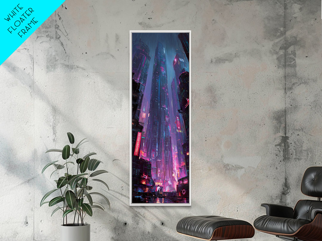 Neon Dragon Wrapped Around Skyscraper Shapes Framed Canvas Print, Cyberpunk Art, Fine Art Print, Living Room Decor, CYB-1x3-74