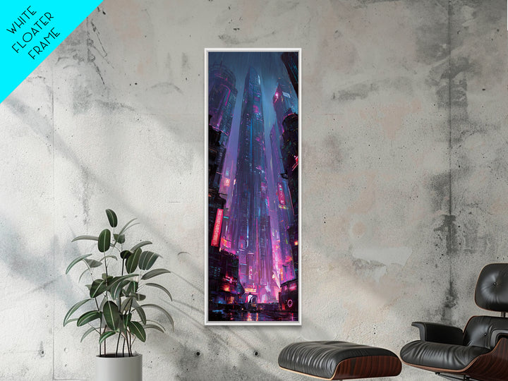 Neon Dragon Wrapped Around Skyscraper Shapes Framed Canvas Print, Cyberpunk Art, Fine Art Print, Living Room Decor, CYB-1x3-74