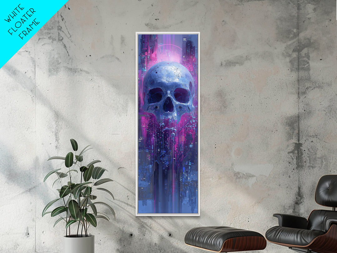 Cyberpunk Skull with Chrome and Violet Light Framed Canvas Print, Cyberpunk Art, Contemporary Art, Living Room Decor, Neon, CYB-1x3-8