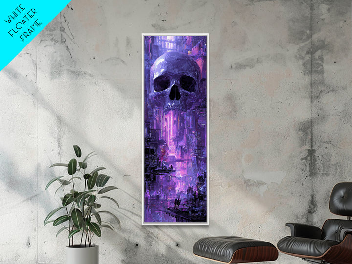 Cyberpunk Skull with Chrome and Violet Light Framed Canvas Print, Cyberpunk Art, Digital Art Print, Living Room Decor, Neon, CYB-1x3-80