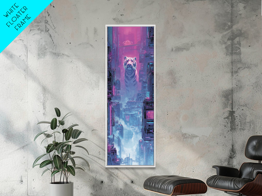 Neon Tiger Emerging from Digital Fog Canvas Print, Cyberpunk Art, Digital Art, Living Room Decor, Fine Art, Neon, Cool Wall Art, CYB-1x3-93