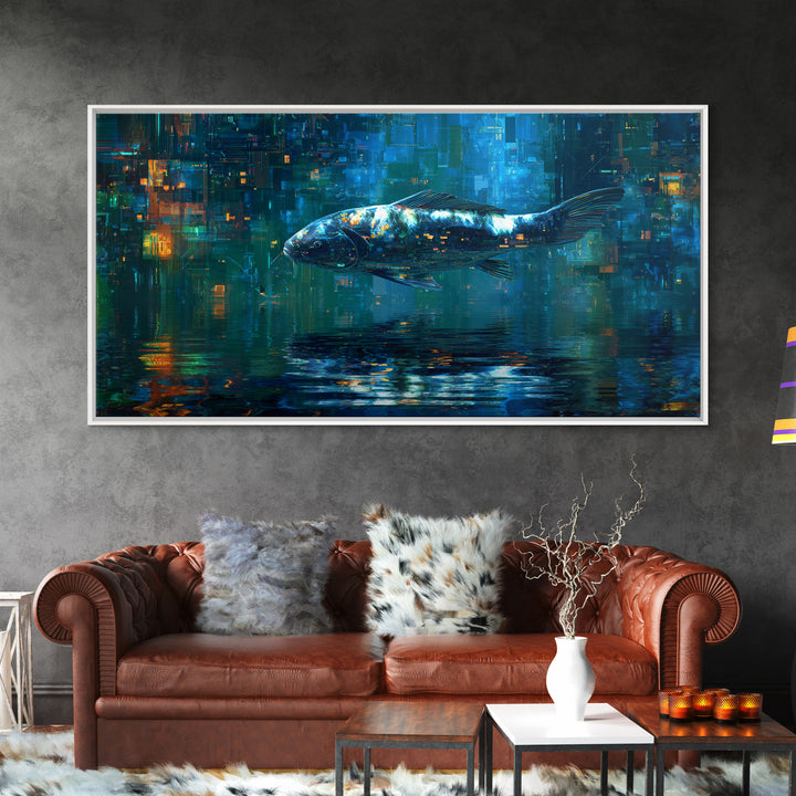 Cyberpunk Koi Swimming Through Electric Blue Water Framed Canvas Print, Cyberpunk Art, Cyberpunk 2077, Living Room Decor, Neon, CYB-2x1-1
