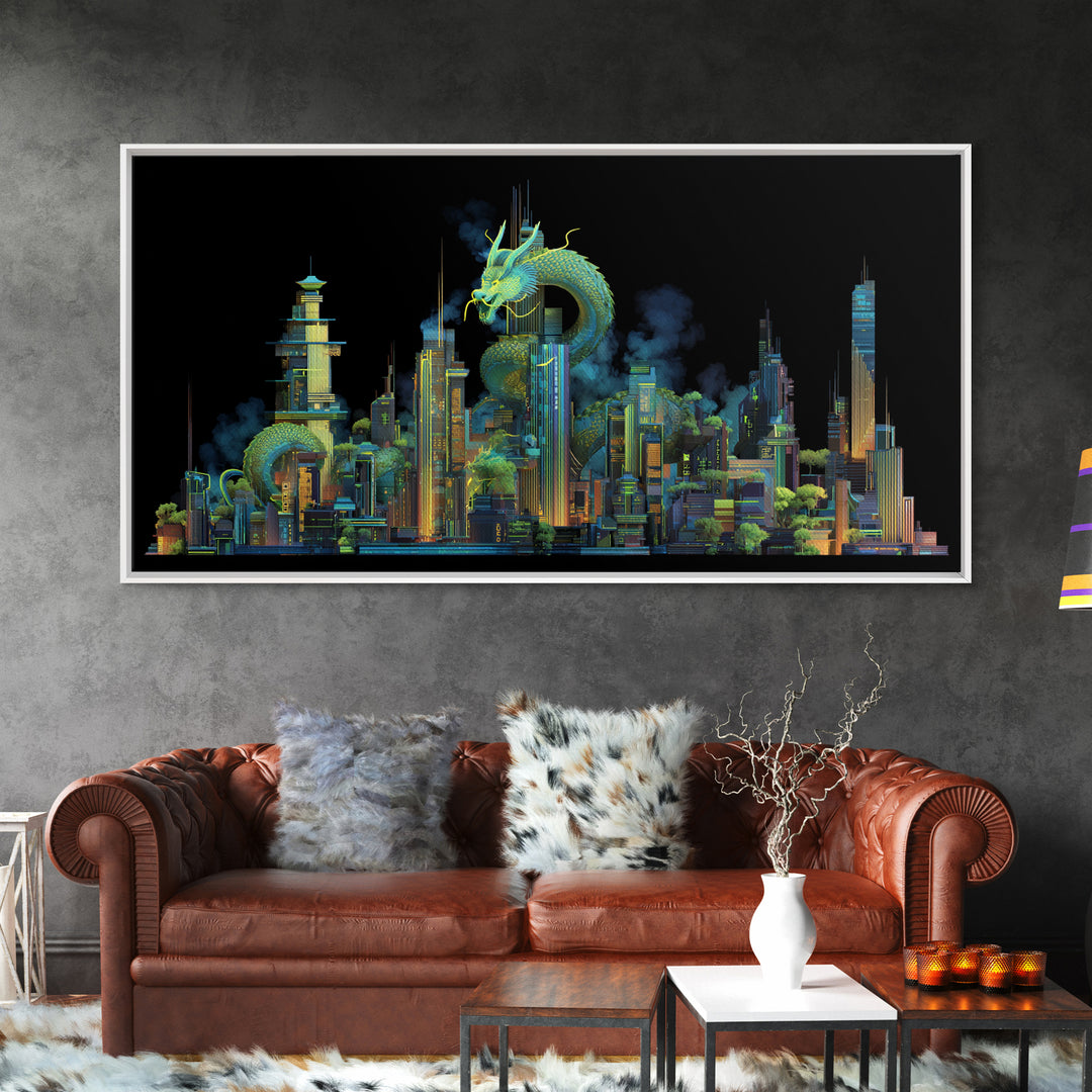 Neon Dragon Wrapped Around Skyscraper Shapes Framed Canvas Print, Cyberpunk Art, Living Room Decor, Abstract Art, Neon, CYB-2x1-10
