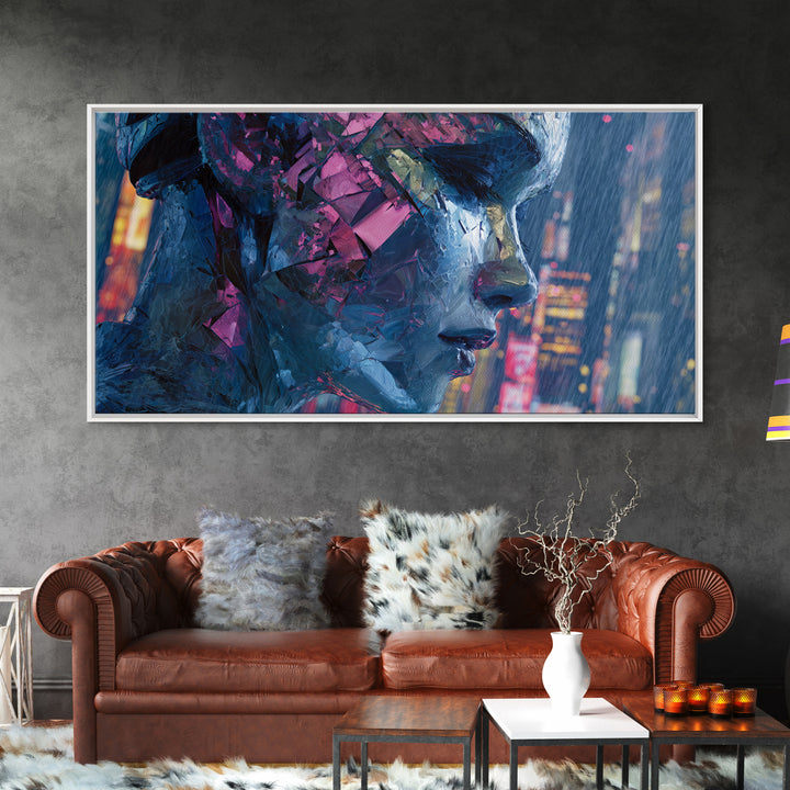 Ai Mask Portrait Framed Canvas Print, Cyberpunk Art, Statement Artwork, Living Room Decor, Fine Art, Neon, Art Print, CYB-2x1-20