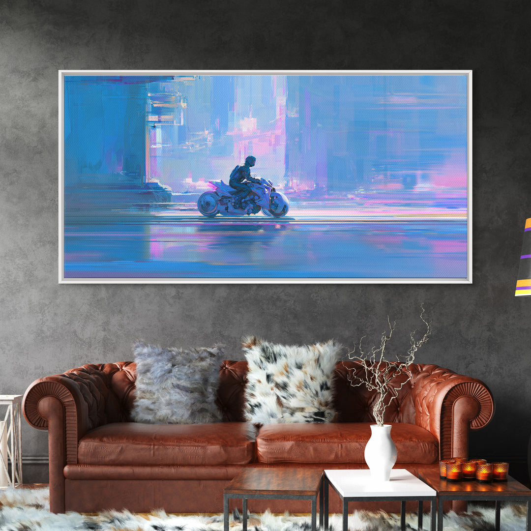 Motorcycle Rider under Holographic Signs Framed Canvas Print, Cyberpunk Art, Minimalist Decor, Living Room Decor, Neon, CYB-2x1-24