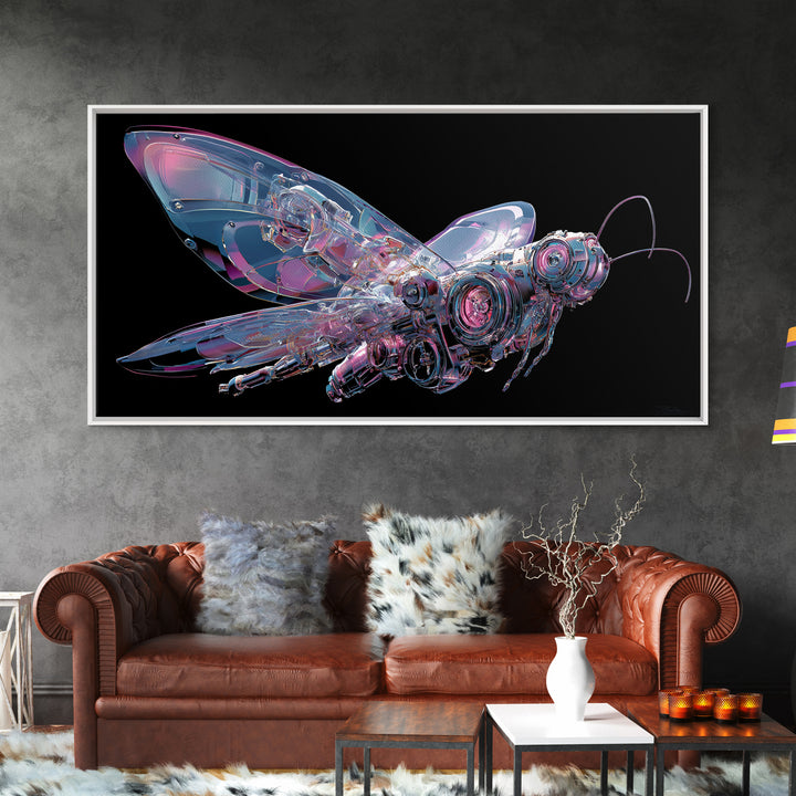 Holographic Butterfly over Black Metal Surface Canvas Print, Cyberpunk Art, Printable Wall Art, Living Room Decor, Neon, CYB-2x1-39