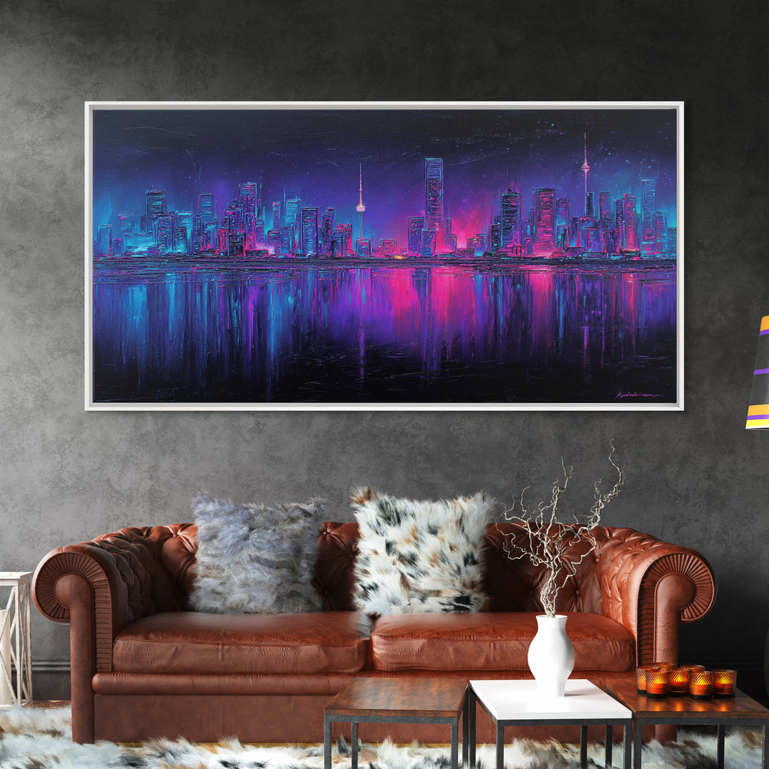 Neon Skyline Reflected Framed Canvas Print, Cyberpunk Art, Room Decor, Living Room Decor, Abstract Art, Neon 142, Cyberpunk, CYB-2x1-42