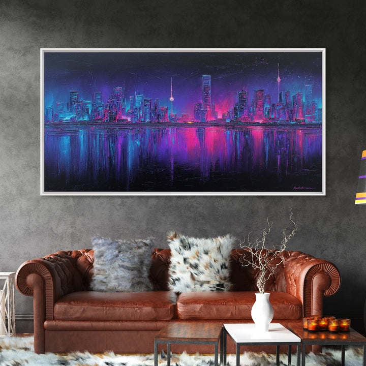 Neon Skyline Reflected Framed Canvas Print, Cyberpunk Art, Room Decor, Living Room Decor, Abstract Art, Neon 142, Cyberpunk, CYB-2x1-42