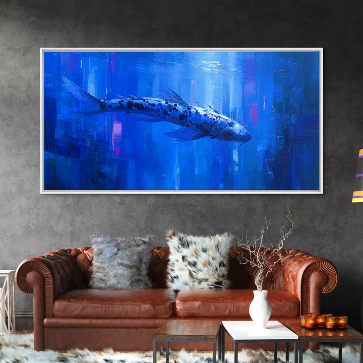 Cyberpunk Koi Swimming Through Electric Blue Water Canvas Print, Cyberpunk Art, Japanese Wall Art, Living Room Decor, Neon, CYB-2x1-49