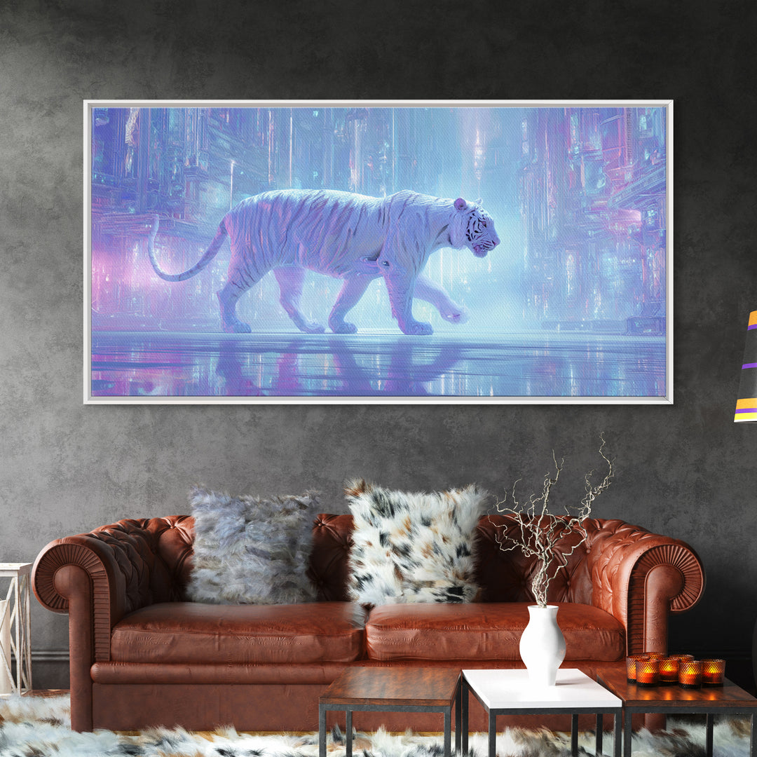 Neon Tiger Emerging from Digital Fog Framed Canvas Print, Cyberpunk Art, Digital Wall Art, Living Room Decor, Watercolor Art, CYB-2x1-5