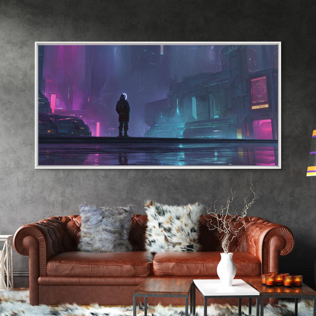 Masked Hacker Figure Framed Canvas Print, Cyberpunk Art, Wall Decor, Living Room Decor, Fine Art, Neon, Japanese Art, CYB-2x1-50