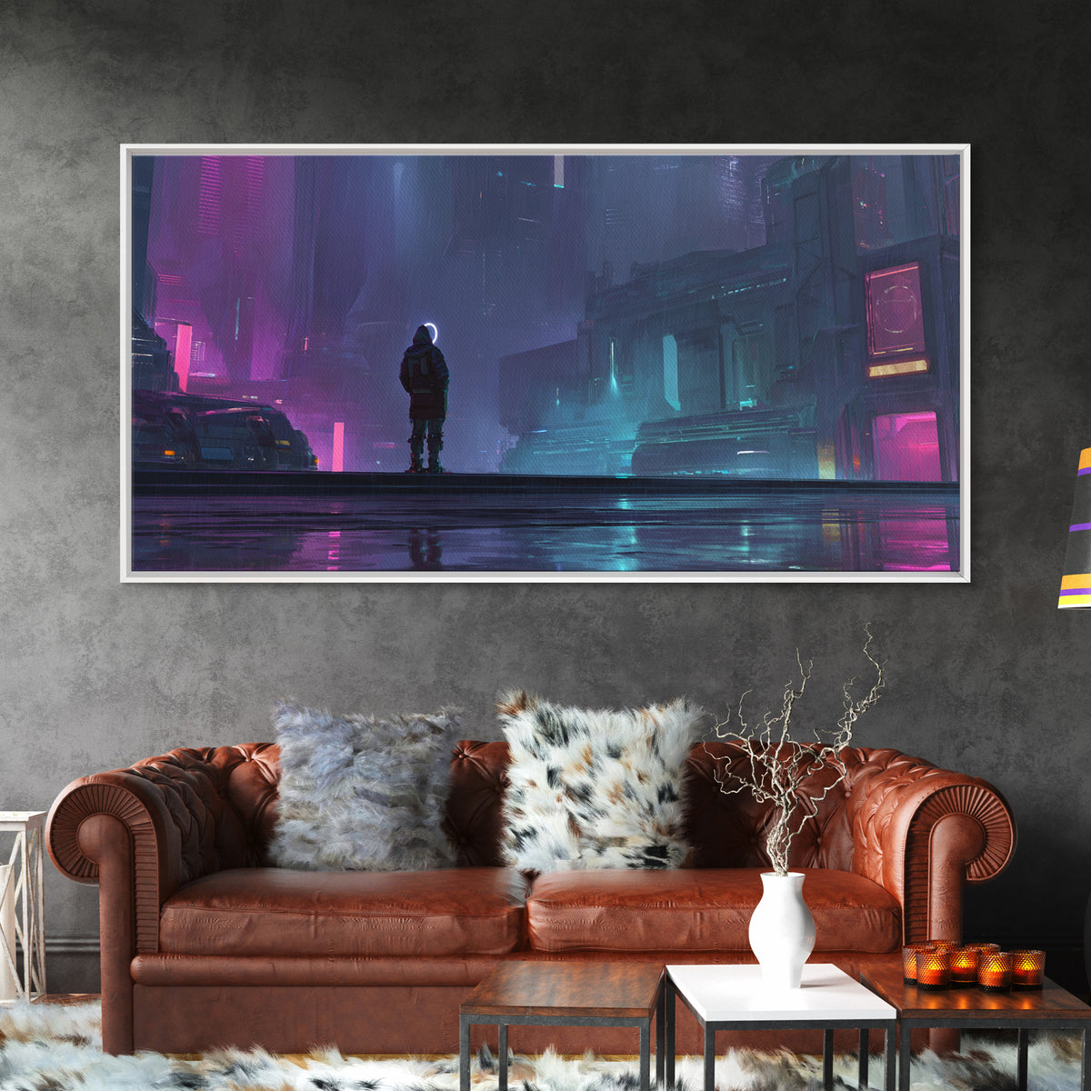 Masked Hacker Figure Framed Canvas Print, Cyberpunk Art, Wall Decor, Living Room Decor, Fine Art, Neon, Japanese Art, CYB-2x1-50