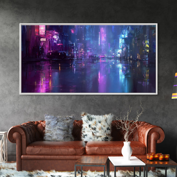 Rain Soaked Alley Canvas Print, Cyberpunk Art, Art Print, Living Room Decor, Abstract Art, Neon, Blue Wall Art, Cool Wall Art, CYB-2x1-52