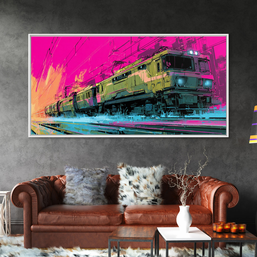 City Train Rushing Through Pink Electric Haze Canvas Print, Cyberpunk Art, Gothic Decor, Living Room Decor, Fine Art, Neon, CYB-2x1-57