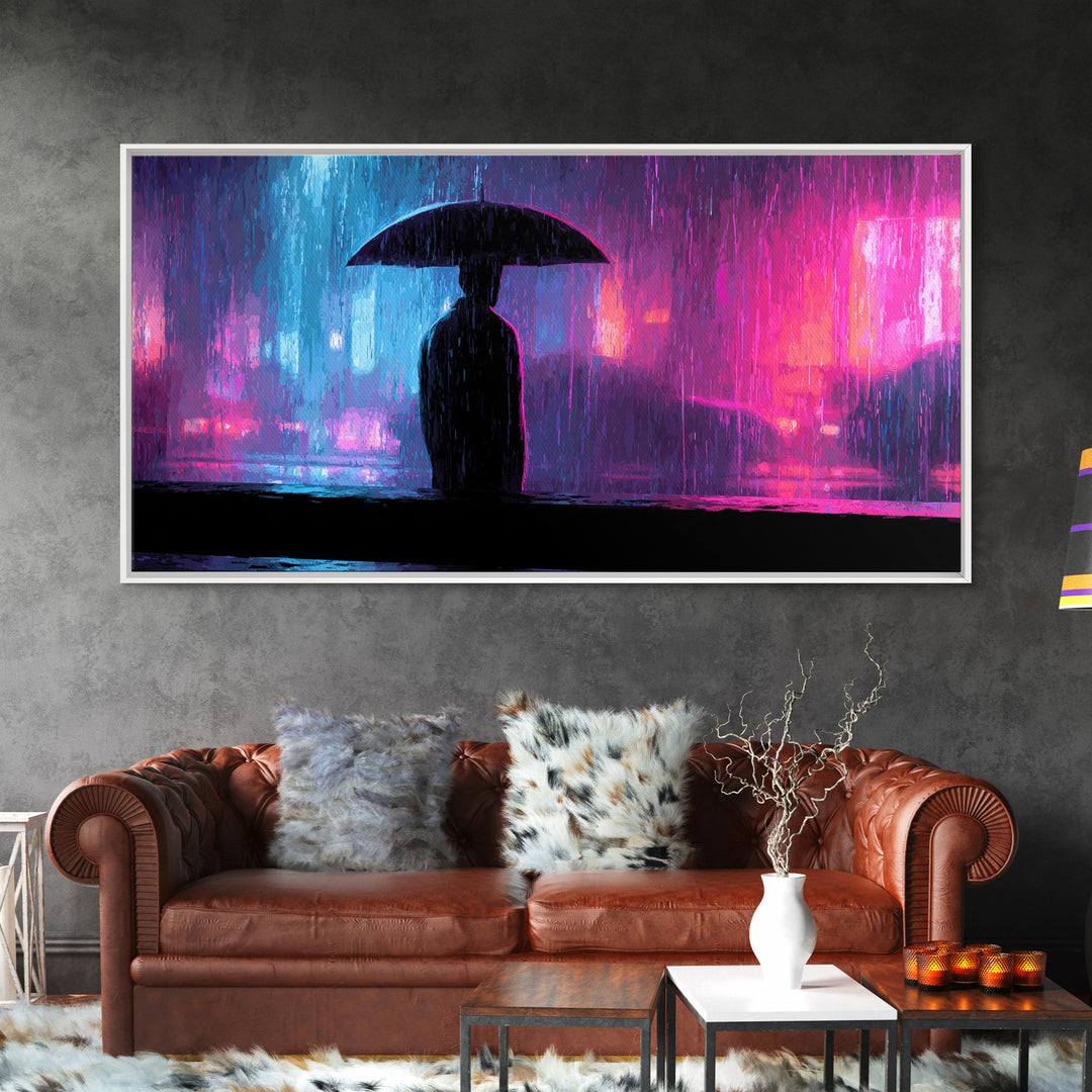 Glowing Umbrella Figure Framed Canvas Print, Cyberpunk Art, Cyberpunk Jacket, Living Room Decor, Fine Art, Neon, Boho Decor, CYB-2x1-59