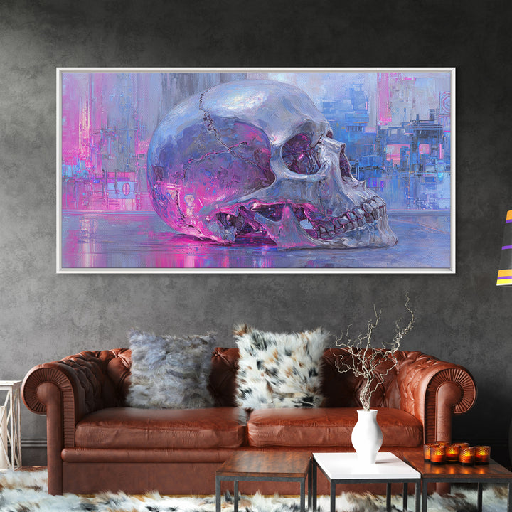 Cyberpunk Skull with Chrome and Violet Light Canvas Print, Cyberpunk Art, Cyberpunk 2077, Living Room Decor, Fine Art, Neon, CYB-2x1-64