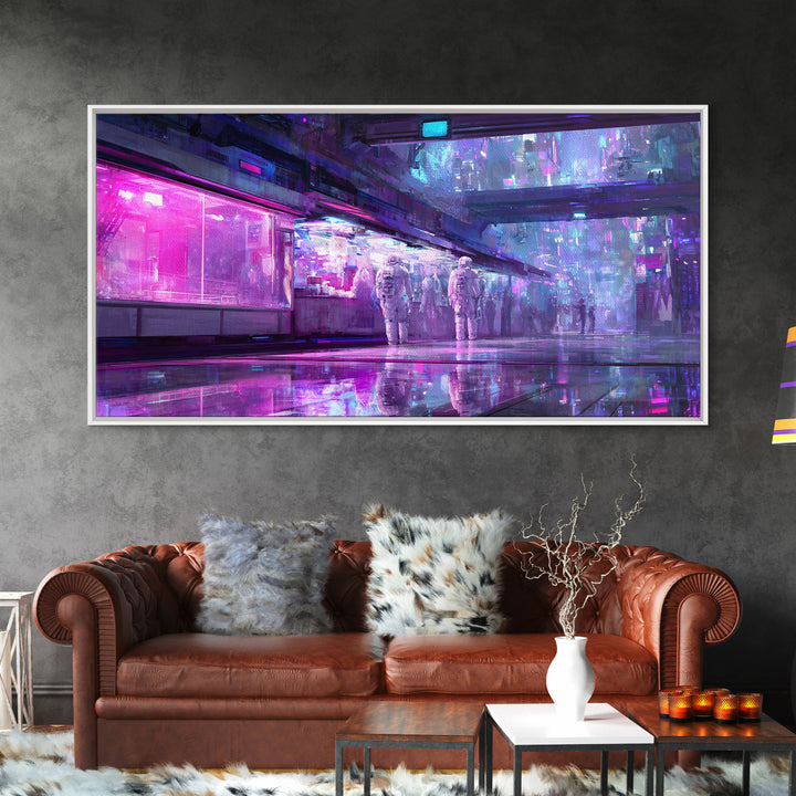 Astronaut Street Wanderer Framed Canvas Print, Cyberpunk Art, Gallery Decor, Living Room Decor, Fine Art, Neon, Wall Art, CYB-2x1-67