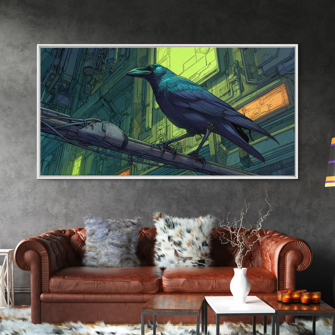 Cybernetic Raven Perched on a Cable Framed Canvas Print, Cyberpunk Art, Art Print, Living Room Decor, Fine Art, Neon, CYB-2x1-7