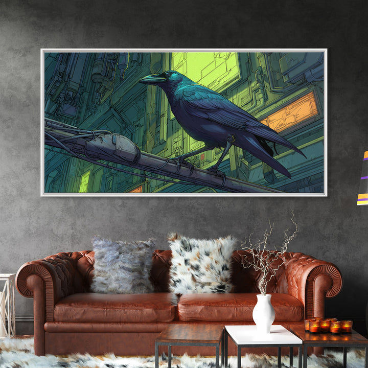 Cybernetic Raven Perched on a Cable Framed Canvas Print, Cyberpunk Art, Art Print, Living Room Decor, Fine Art, Neon, CYB-2x1-7
