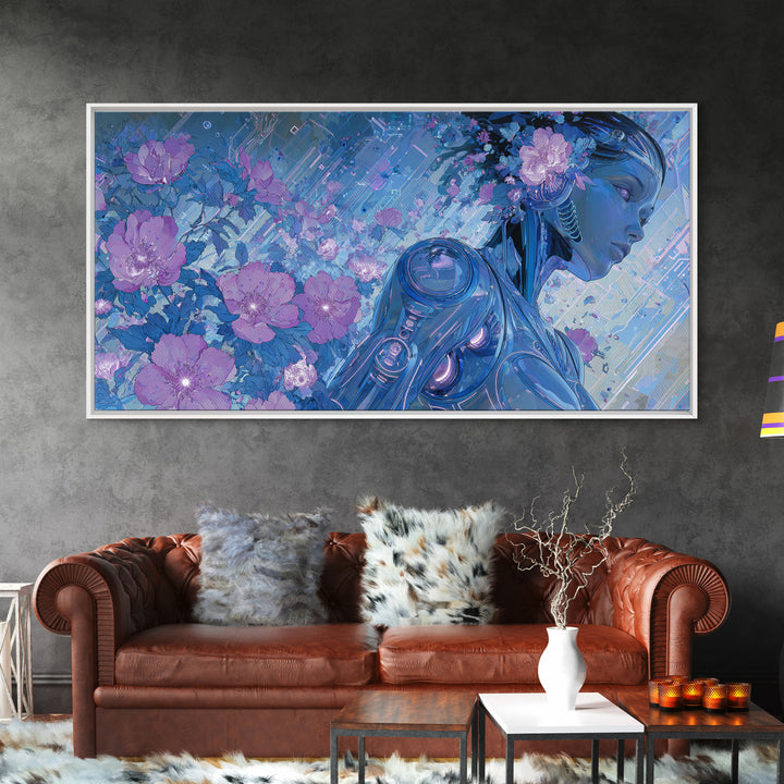 Android Woman with Glowing Circuitry and Flowers Canvas Print, Cyberpunk Art, Cyberpunk Helmet, Living Room Decor, Neon, CYB-2x1-71