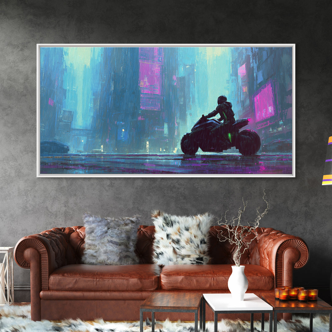 Motorcycle Rider under Holographic Signs Framed Canvas Print, Cyberpunk Art, Gothic Decor, Living Room Decor, Fine Art, Neon, CYB-2x1-72