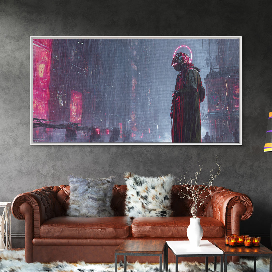 Masked Hacker Figure Canvas Print, Cyberpunk Art, Digital Wall Art, Living Room Decor, Fine Art, Neon, Man Cave Decor, CYB-2x1-74