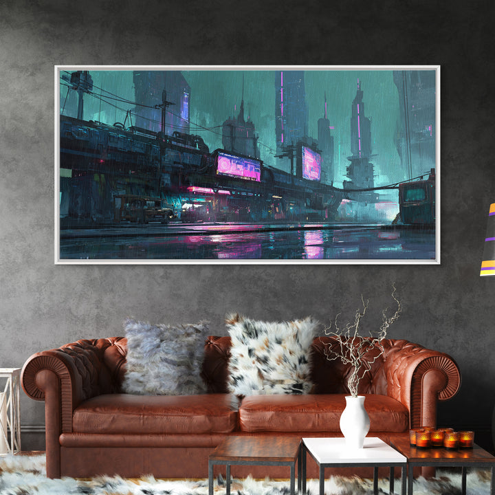 Retro Arcade Dystopia Canvas Print, Cyberpunk Art, Cyberpunk, Living Room Decor, Fine Art, Neon, Modern Art, Blue Wall Art, CYB-2x1-78