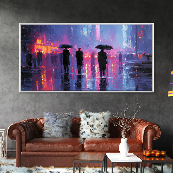 Glowing Umbrella Figure Framed Canvas Print, Cyberpunk Art, Wall Decor, Living Room Decor, Fine Art, Neon, Japanese Art, CYB-2x1-83
