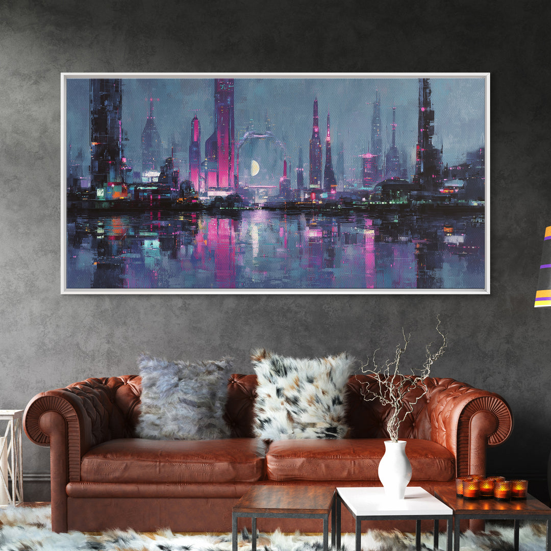 Dystopian Moon over Dense Rooftops Framed Canvas Print, Cyberpunk Art, Digital Art, Living Room Decor, Fine Art, Neon, CYB-2x1-86
