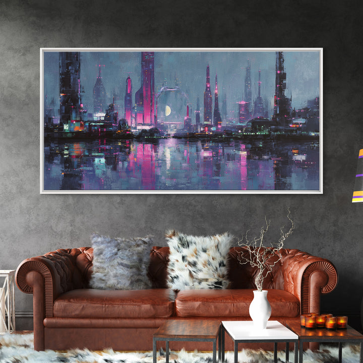 Dystopian Moon over Dense Rooftops Framed Canvas Print, Cyberpunk Art, Digital Art, Living Room Decor, Fine Art, Neon, CYB-2x1-86