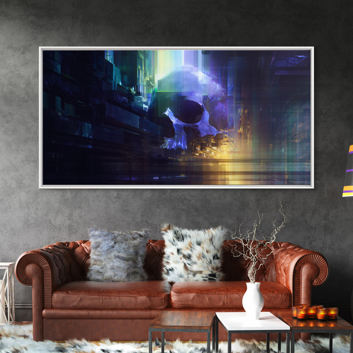 Cyberpunk Skull with Chrome and Violet Light Framed Canvas Print, Cyberpunk Art, Japanese Wall Art, Living Room Decor, Neon, CYB-2x1-88