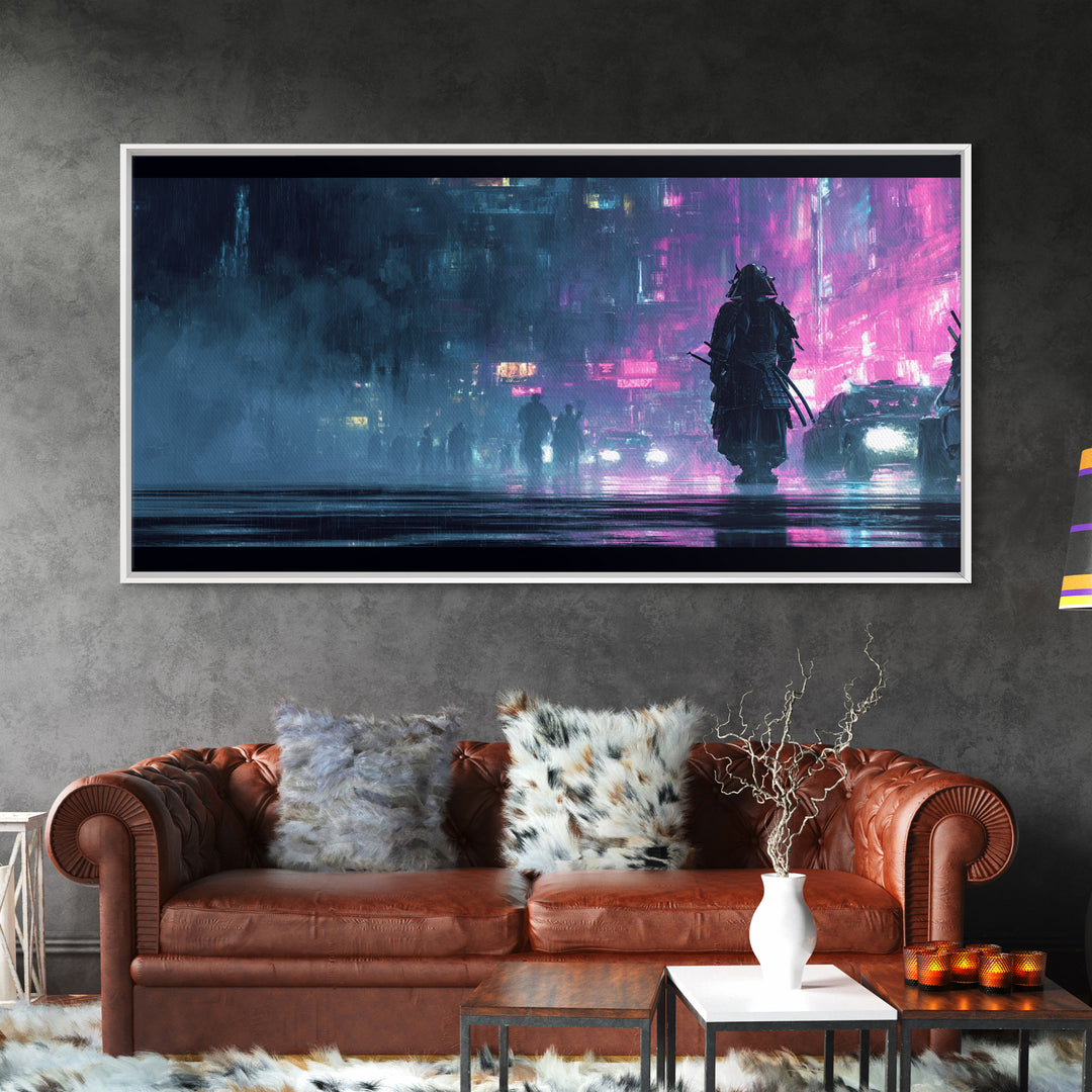 Neon Samurai Portrait Canvas Print, Cyberpunk Art, Cool Wall Art, Living Room Decor, Neon, Gallery Decor, Neutral Decor, CYB-2x1-93
