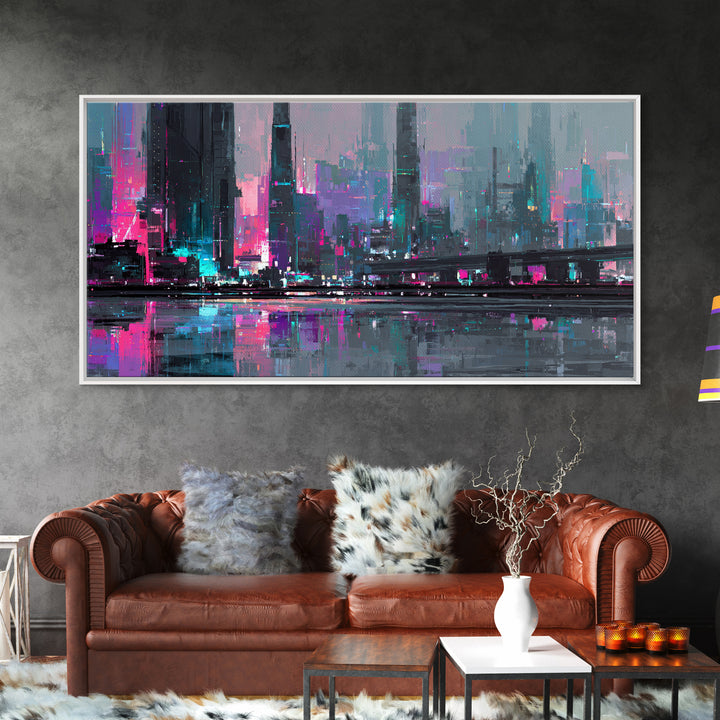 Futuristic City Skyline Canvas Print, Cyberpunk Art, Cyberpunk 2077, Living Room Decor, Fine Art, Neon, Cyberpunk Decor, CYB-2x1-94