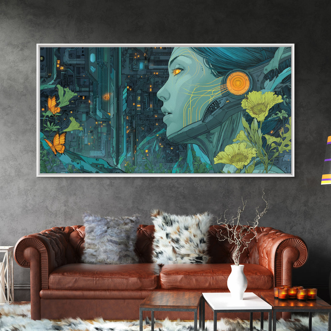 Android Woman with Glowing Circuitry and Flowers Canvas Print, Cyberpunk Art, Neutral Decor, Living Room Decor, Neon, CYB-2x1-95