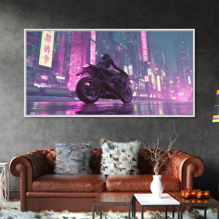 Motorcycle Rider under Holographic Signs Framed Canvas Print, Cyberpunk Art, Man Cave Decor, Living Room Decor, Fine Art, Neon, CYB-2x1-96