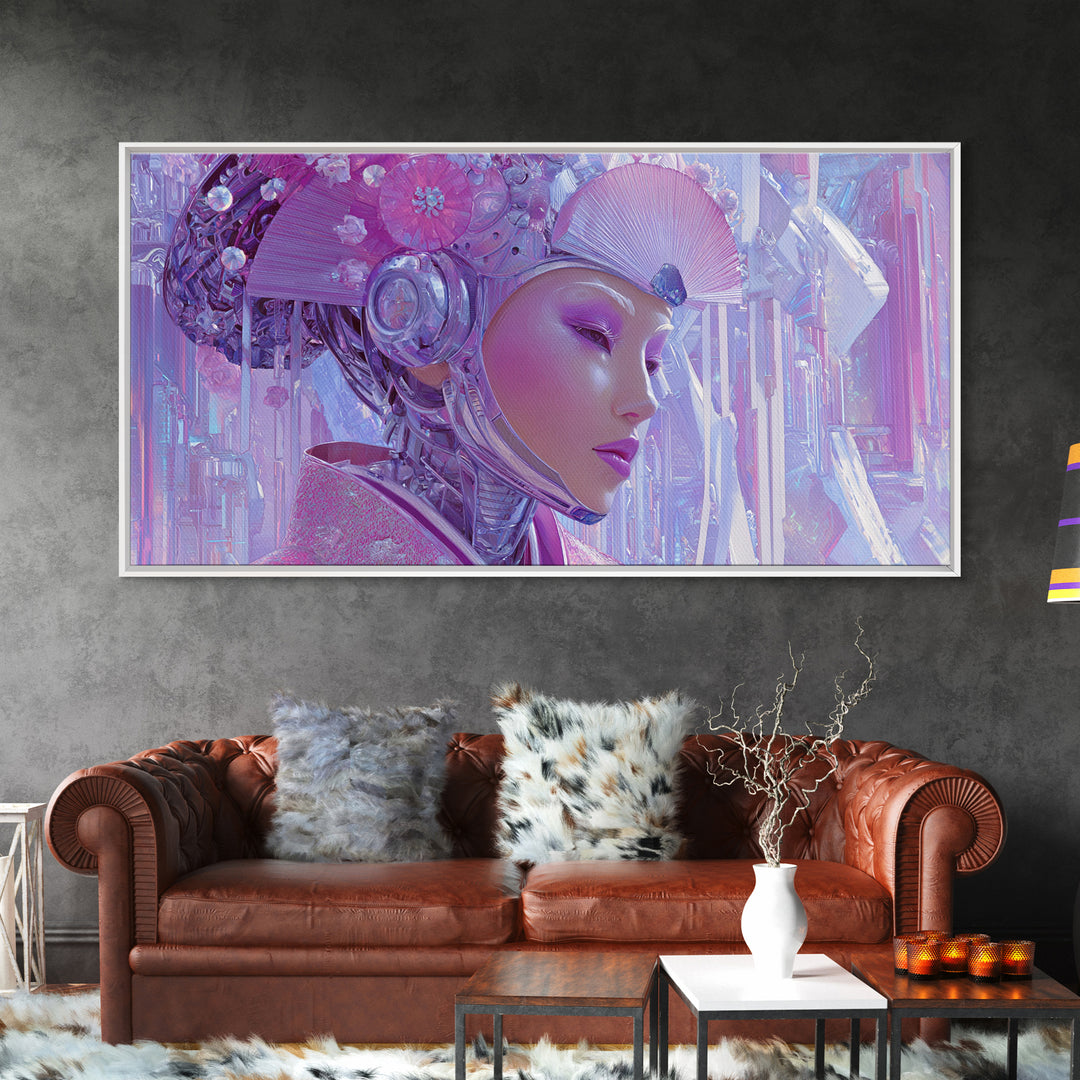 Robot Geisha Portrait Framed Canvas Print, Cyberpunk Art, Cool Wall Art, Living Room Decor, Fine Art, Neon, Gallery Decor, CYB-2x1-99