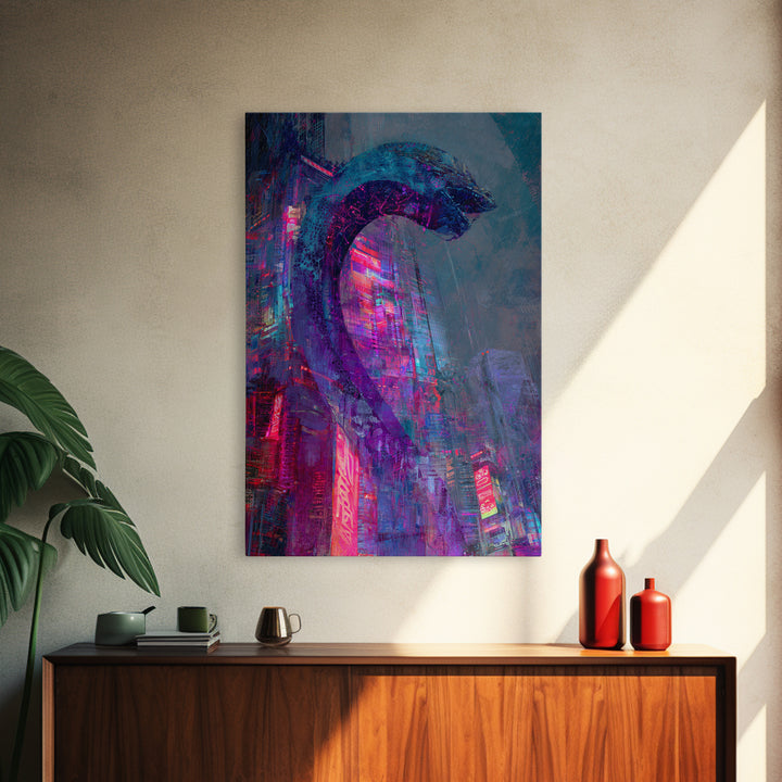Neon Dragon Wrapped Around Skyscraper Shapes Framed Canvas Print, Cyberpunk Art, Poster, Living Room Decor, Fine Art, Neon, CYB-2x3-22
