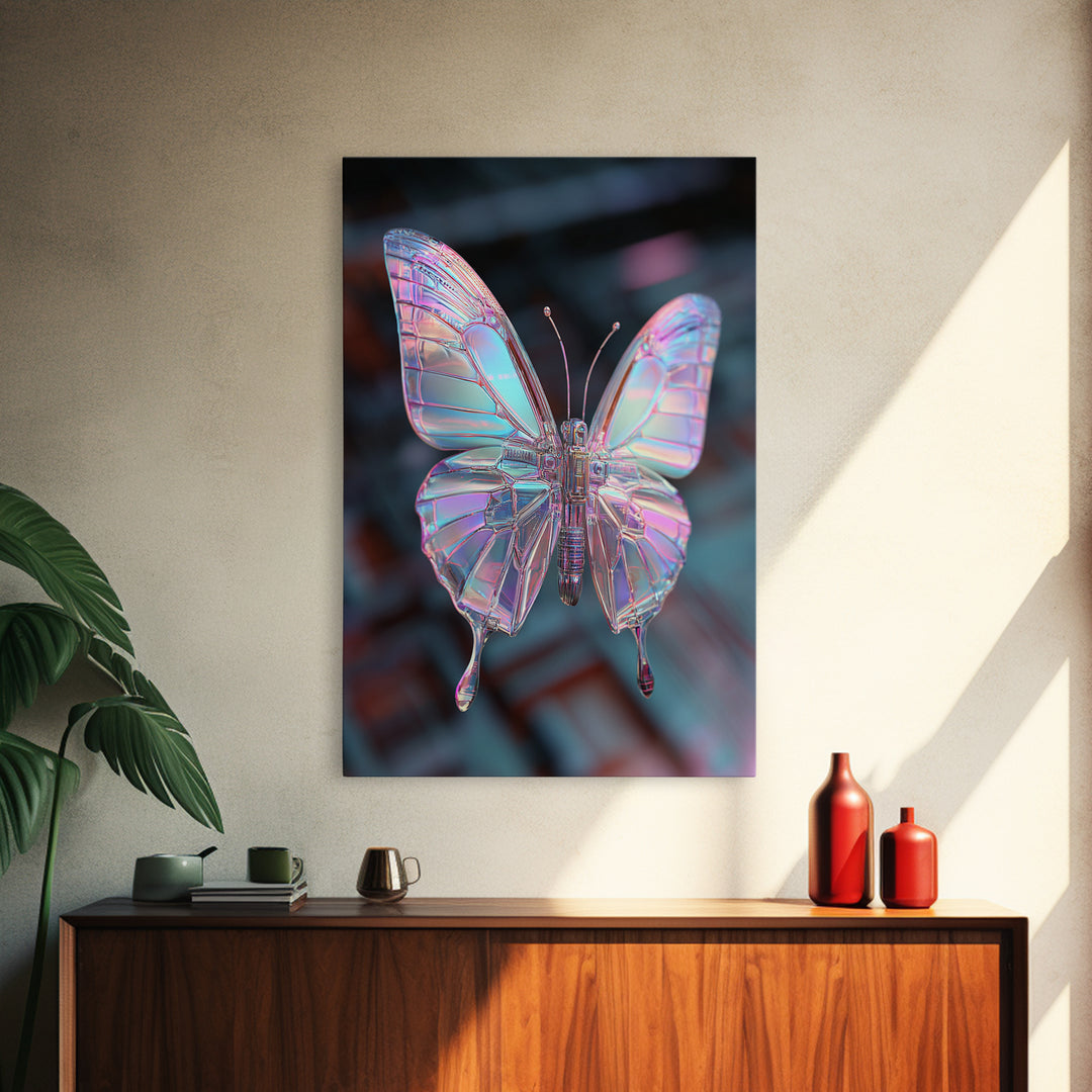 Holographic Butterfly over Black Metal Surface Canvas Print, Cyberpunk Art, Home Decor, Living Room Decor, Fine Art, Neon, CYB-2x3-27