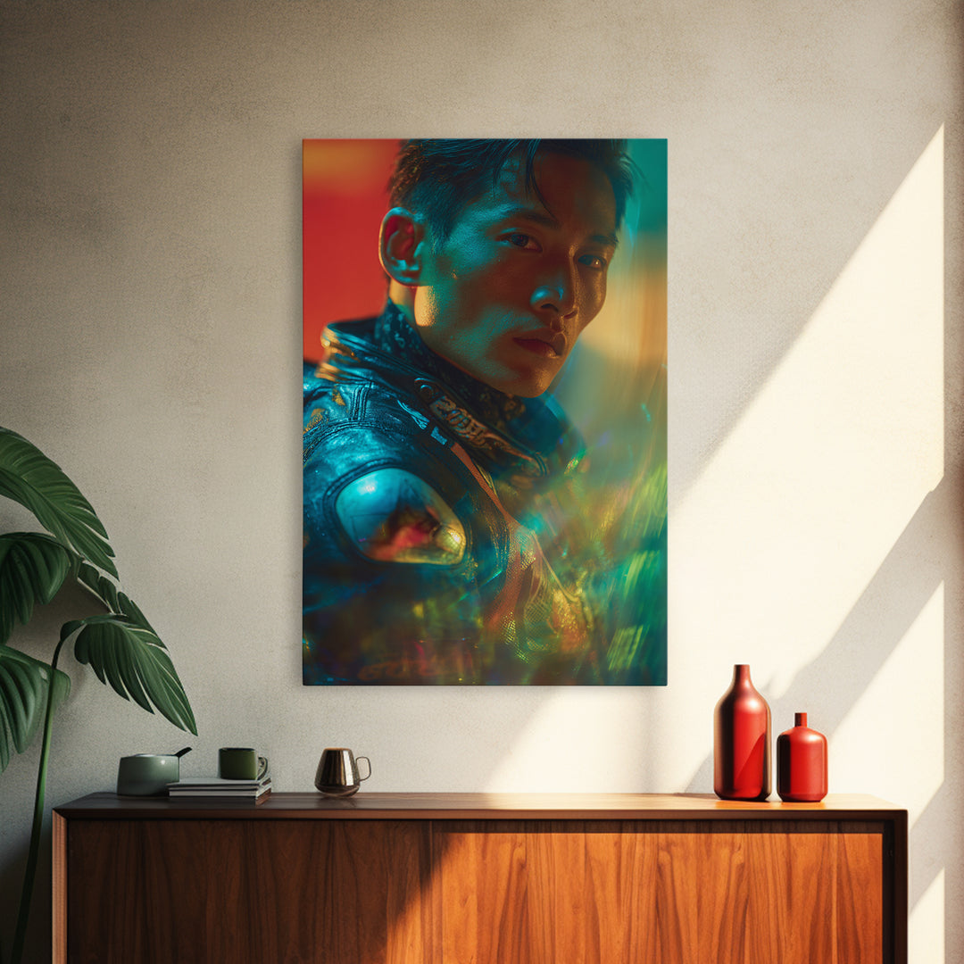 Motorcycle Rider under Holographic Signs Framed Canvas Print, Cyberpunk Art, Modern Wall Decor, Living Room Decor, Neon, CYB-2x3-36