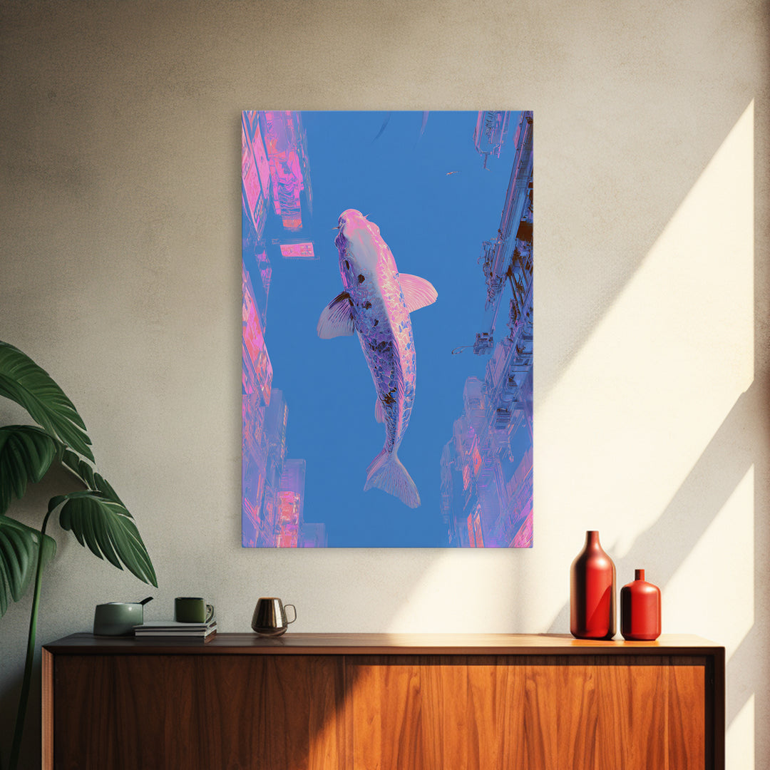Cyberpunk Koi Swimming Through Electric Blue Water Framed Canvas Print, Cyberpunk Art, Movie Posters, Living Room Decor, Neon, CYB-2x3-37