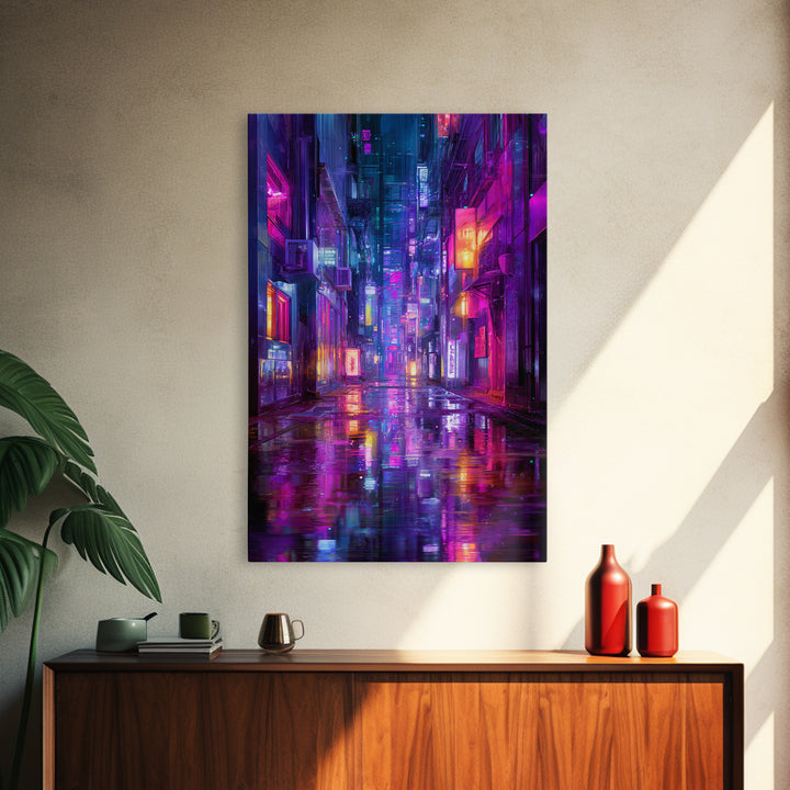 Rain Soaked Alley Canvas Print, Cyberpunk Art, Contemporary Art, Living Room Decor, Abstract Art, Neon, Canvas Wall Art, CYB-2x3-40