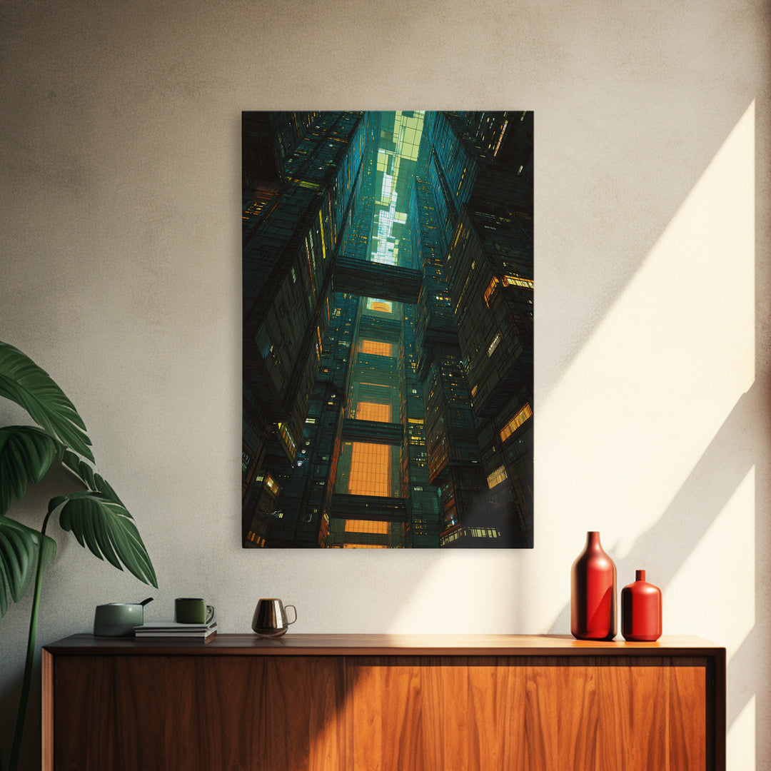 Retro Arcade Dystopia Framed Canvas Print, Cyberpunk Art, Living Room Decor, Watercolor Art, Neon, Japanese Wall Art, CYB-2x3-42