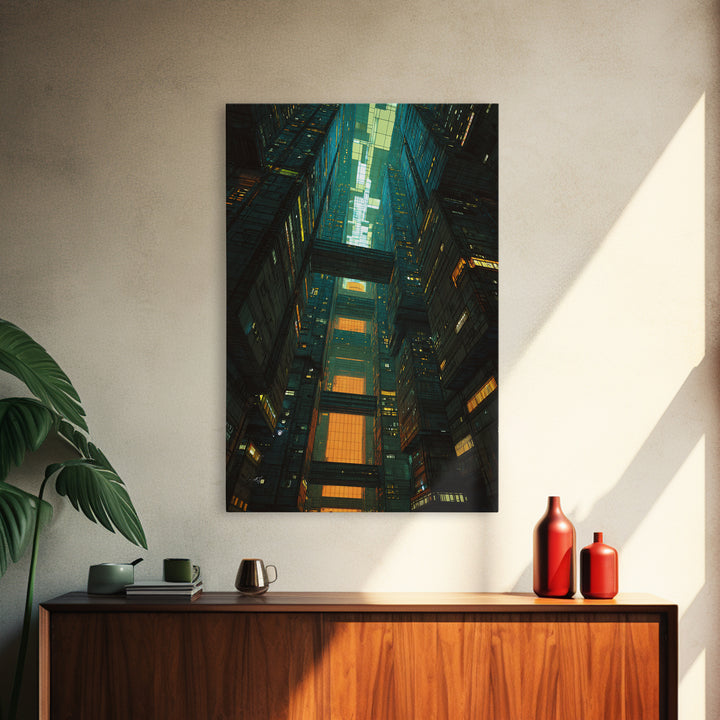 Retro Arcade Dystopia Framed Canvas Print, Cyberpunk Art, Living Room Decor, Watercolor Art, Neon, Japanese Wall Art, CYB-2x3-42