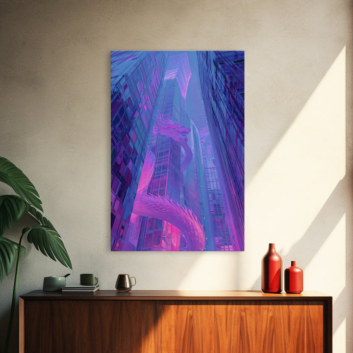 Neon Dragon Wrapped Around Skyscraper Shapes Framed Canvas Print, Cyberpunk Art, Poster, Living Room Decor, Fine Art, Neon, CYB-2x3-46