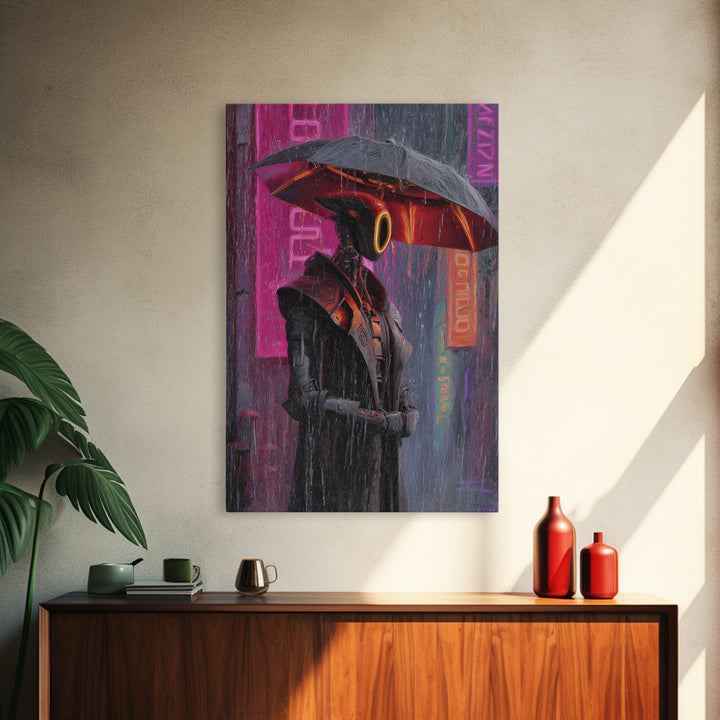 Glowing Umbrella Figure Framed Canvas Print, Cyberpunk Art, Canvas Wall Art, Living Room Decor, Fine Art, Neon, Space Art, CYB-2x3-47