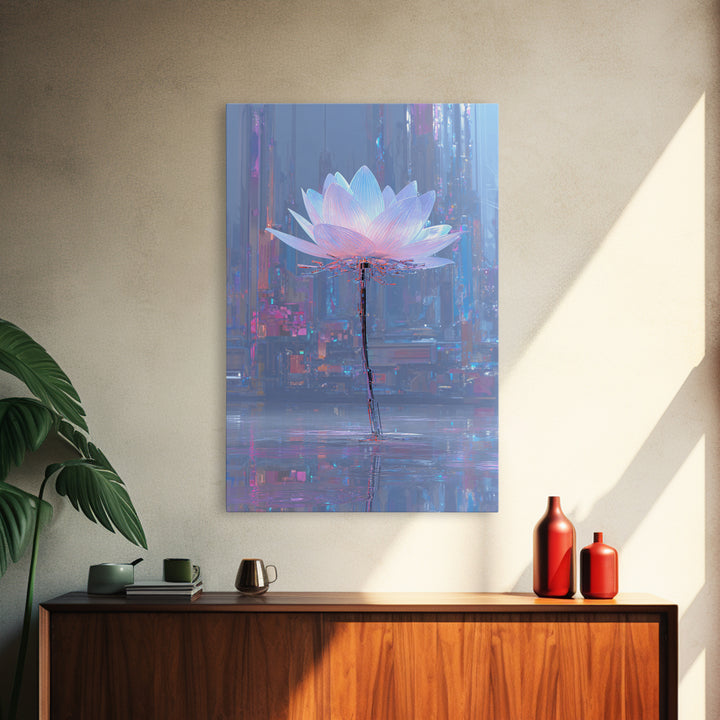 Electric Lotus Flower Canvas Print, Cyberpunk Art, Japanese Wall Art, Living Room Decor, Watercolor Art, Neon, Cyberpunk Helmet, CYB-2x3-49